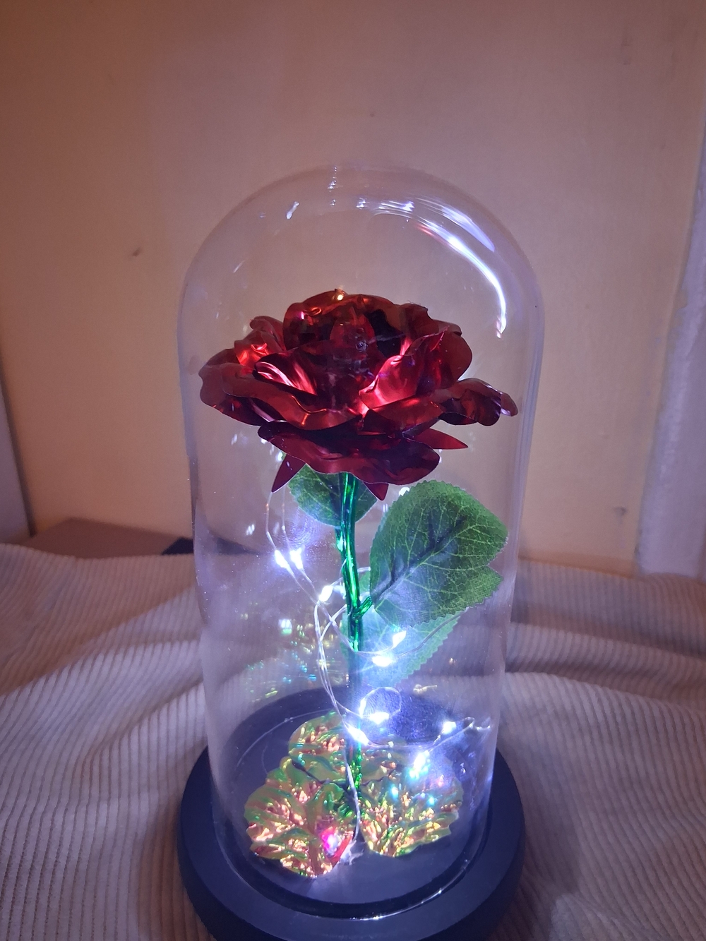 Red Preserved Decorative Rose Dome with LED Lights - Unbranded